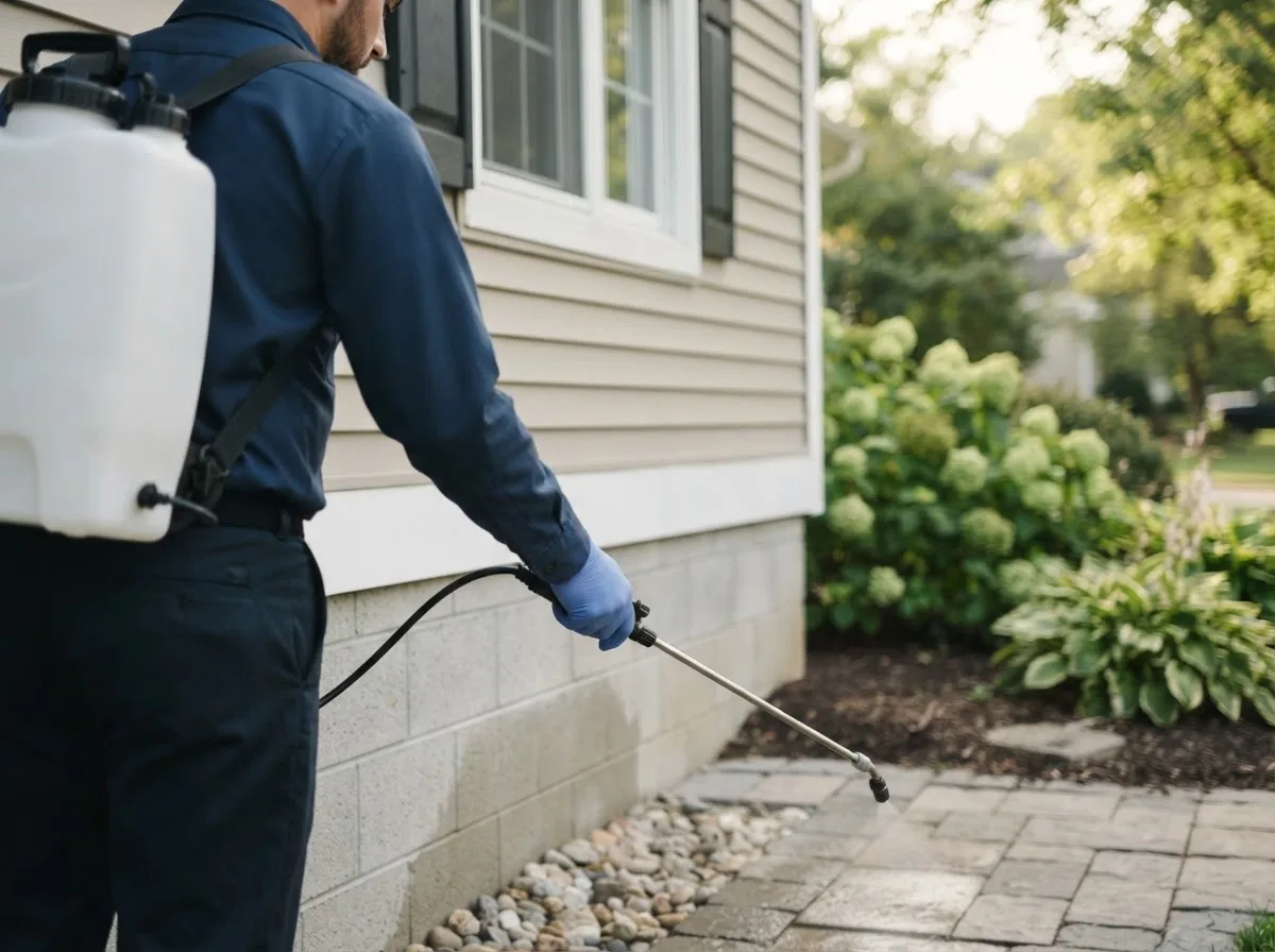 Pest control technician inspecting a home in Kountze, TX